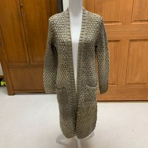 Prana Long Open-Front Chunky Knit Cardigan in Olive Taupe